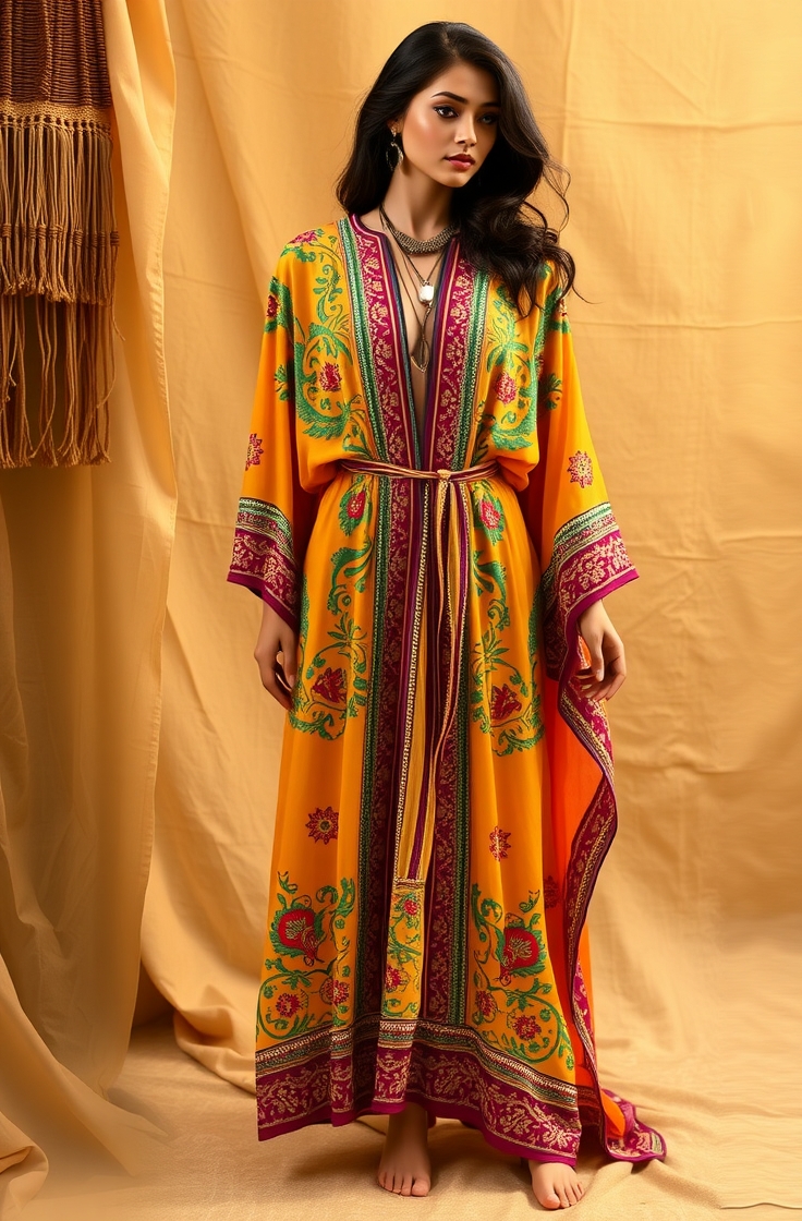 Embroidered Kaftan with Waist Belt