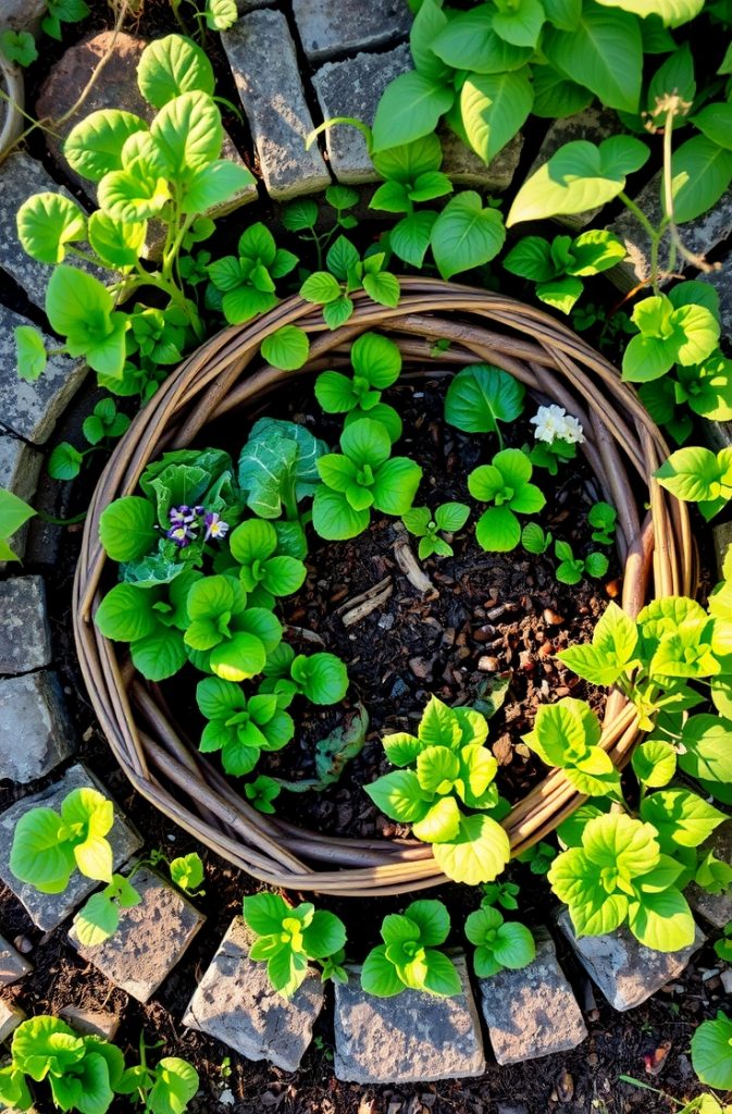 A keyhole garden with a center composting basket surrounded by green, healthy plants.