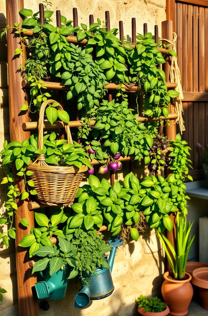 A vertical vegetable garden with trellises and hanging baskets growing herbs and leafy greens.
