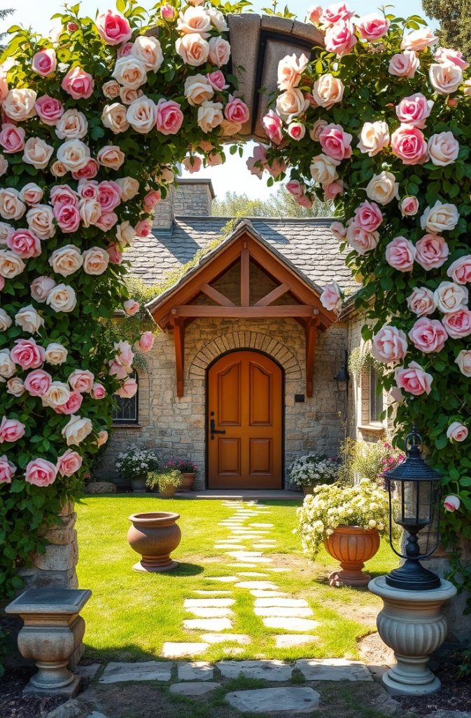 Image Prompt: A garden arch covered with blooming climbing roses framing the entrance to a home.