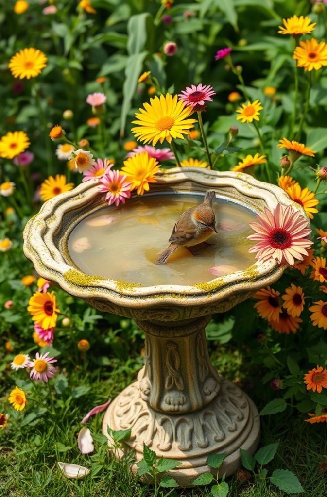 Image Prompt: A decorative bird bath surrounded by colorful flowers with a small bird drinking water.