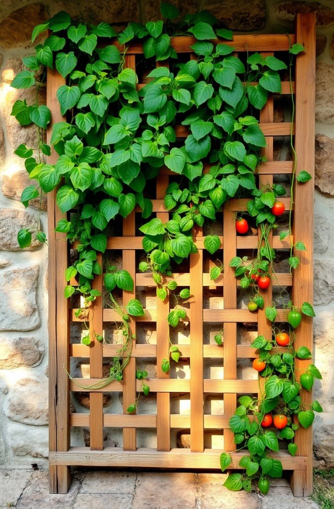 Image Prompt: A handmade wooden trellis covered with lush green climbing vegetables.