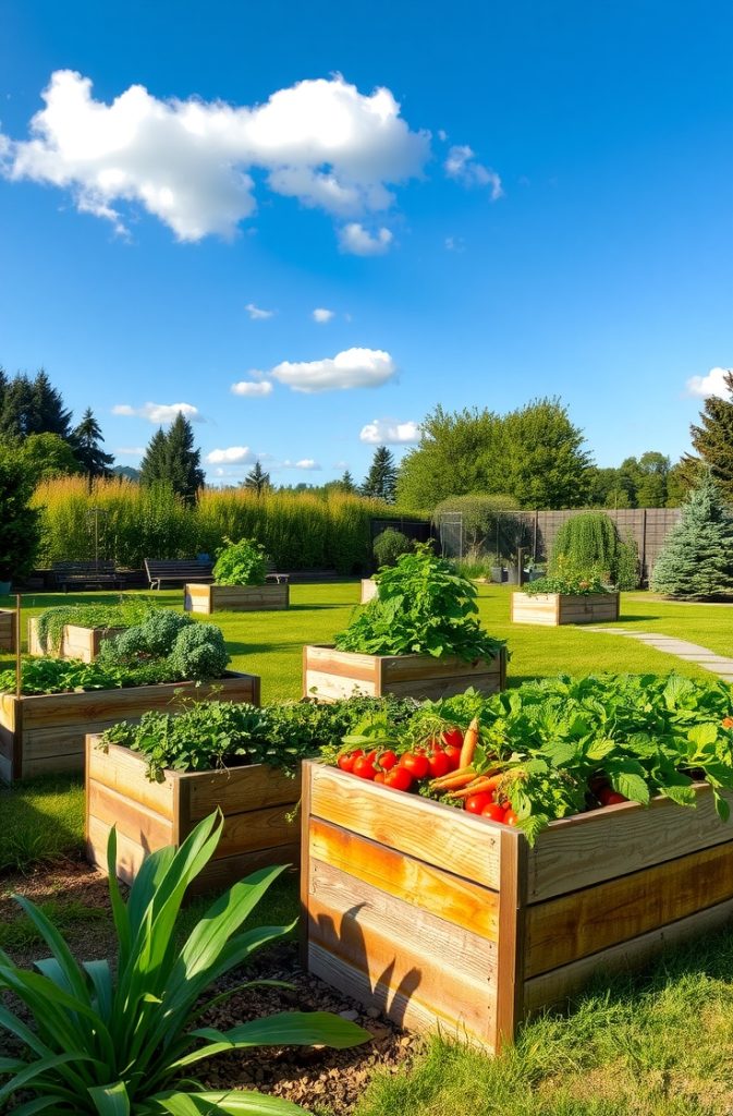 A backyard garden with multiple raised wooden beds filled with growing vegetables.