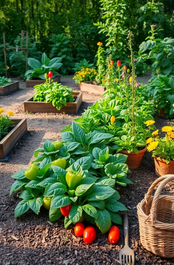 A lush no-dig vegetable garden with mulched pathways and healthy plants.