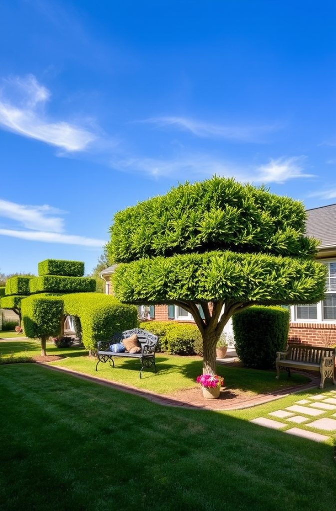 Image Prompt: A small front yard with neatly pruned ornamental trees adding structure to the space.