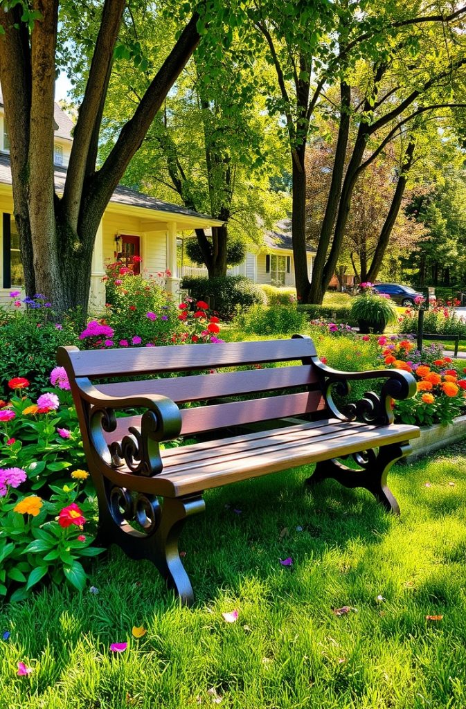 Image Prompt: A wooden bench nestled among flowers and greenery in a front yard.