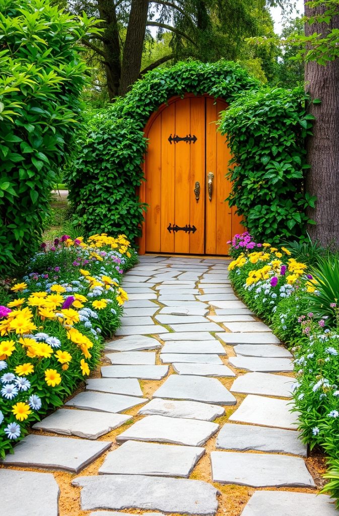 Image Prompt: A curved stone pathway lined with colorful flowers leading to a front door.