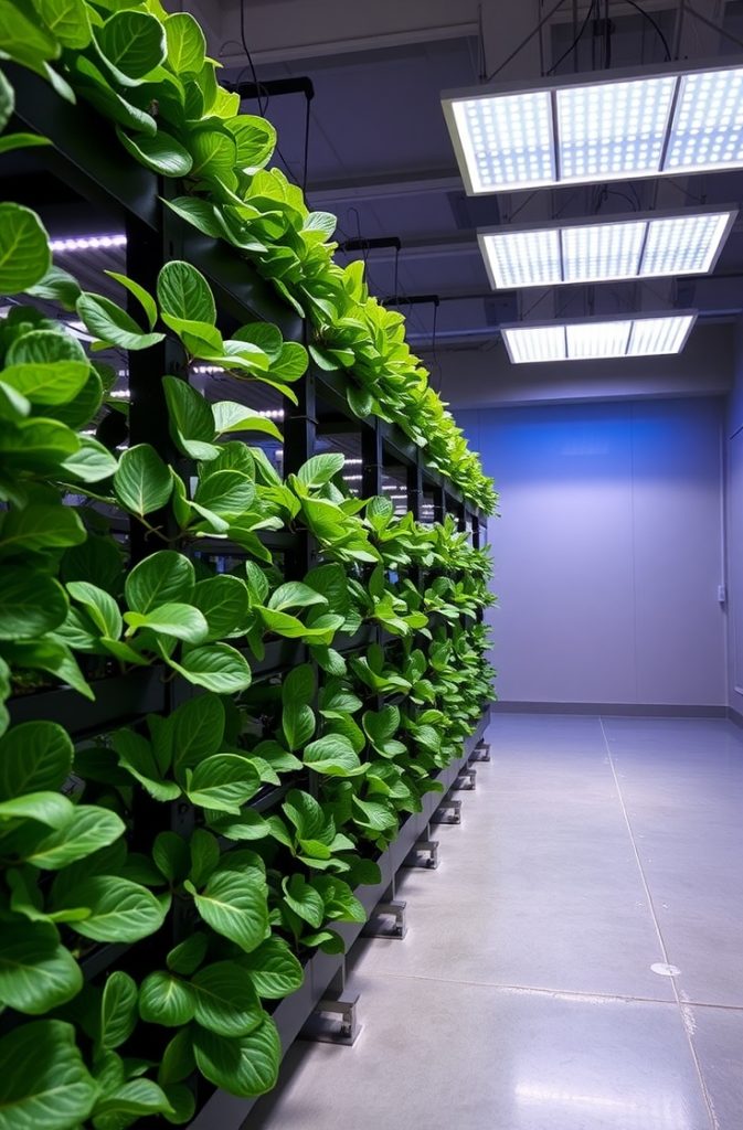 An indoor hydroponic system with thriving leafy greens under LED grow lights.