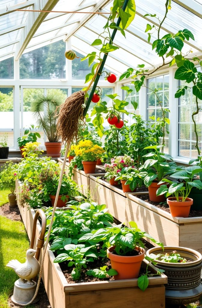 A backyard greenhouse filled with lush vegetable plants in pots and raised beds.