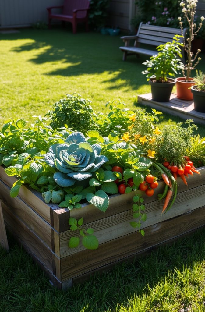 Image Prompt: A neatly arranged raised garden bed filled with vibrant herbs and vegetables in a backyard setting.