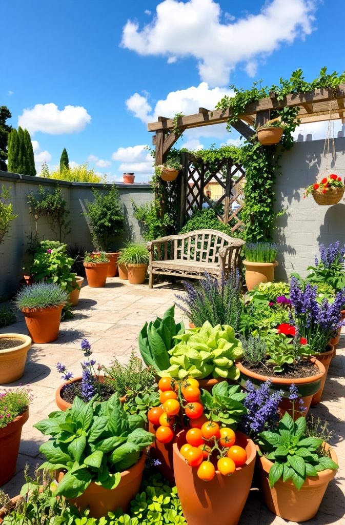 A patio garden with colorful containers growing a mix of vegetables and herbs.