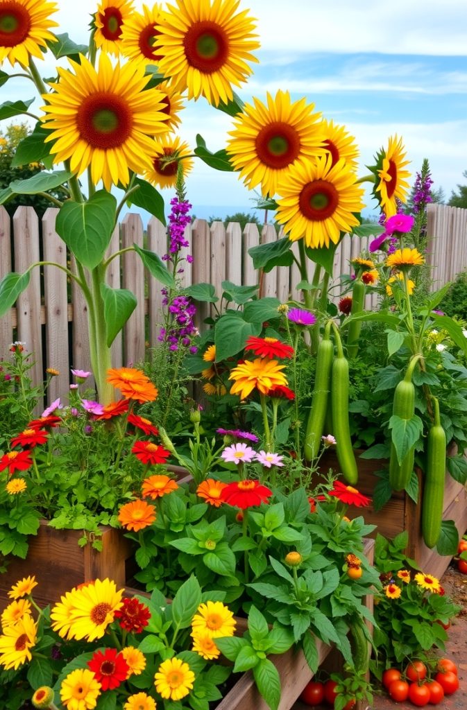 A thriving companion planting garden with flowers, herbs, and vegetables growing together.