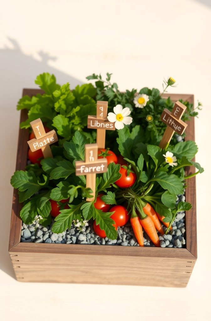 A neatly organized square foot garden with labeled vegetable sections.