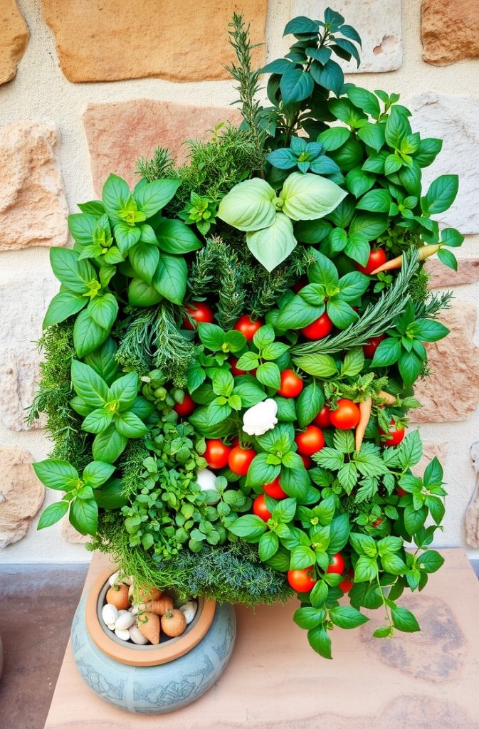  A decorative herb spiral garden with a variety of herbs and small vegetables.
