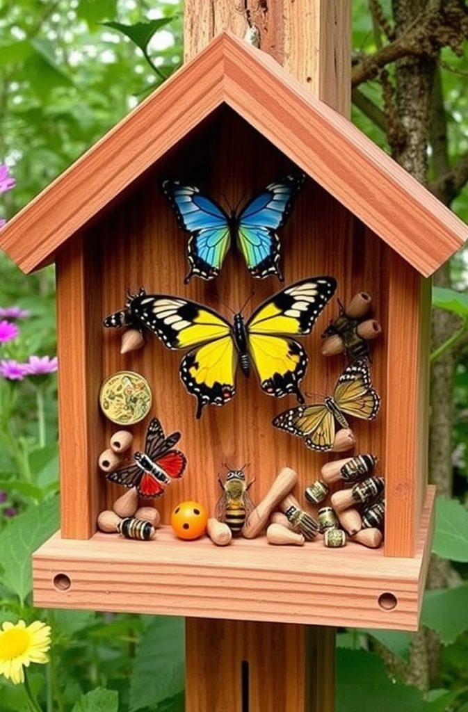Butterfly and Bee Hotel Encouraging pollinators improves garden health. A beautifully crafted wooden butterfly and bee hotel attracts beneficial insects. These small shelters provide a safe space for nesting and resting.