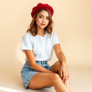 Beret with Denim Skirt and T-Shirt