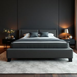 Black Bed Frame with Grey Upholstery