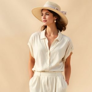 Boater Hat with Linen Pants and Blouse