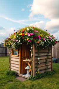 Image Prompt: A compact shed with a green roof full of blooming flowers and vines trailing down.