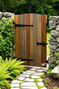 Image Prompt: A teal-painted wooden garden gate with matching flower pots, surrounded by green shrubs and purple flowers.