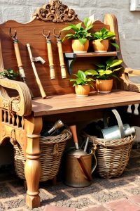 Image Prompt: A wooden bench with baskets under the seat, tools hanging from the side, and a small shelf with flower pots on top.