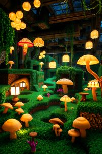 Image prompt: A glowing underground Minecraft cave garden with moss, glow berries, mushrooms, and soft lighting from sea lanterns.