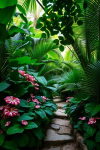 Image prompt: A cozy seating area under trees with a hammock, climbing vines, and shade-loving flowers creating a private garden nook.