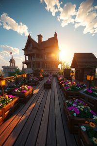 Image Prompt: A rooftop garden in Minecraft with wooden floors, fences, beehives, and mixed flower beds on a tall house.