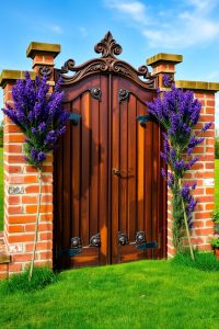 Image Prompt:
A double garden gate made of stained wood with a center opening, framed by brick columns and lavender plants.