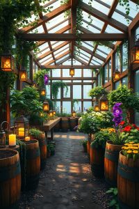Image Prompt: A hidden Minecraft garden behind a waterfall, filled with glowing mushrooms, flowers, vines, and a small bench.