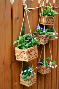 Image Prompt: Several small wooden boxes hanging on a wooden fence, each one filled with herbs and small flowering plants.