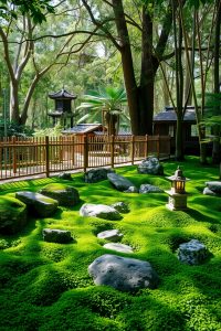 Image prompt: A peaceful Japanese-style shade garden with mossy ground, rocks, a small stone lantern, and a bamboo fence.