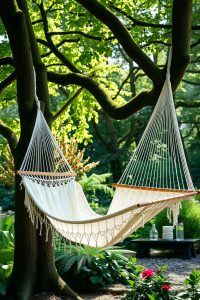 Image Prompt: A white cotton hammock hanging between two trees in a green garden.