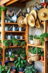 Image Prompt: A rustic garden center with weathered wood shelves, tin watering cans, wire baskets, and hanging straw hats.