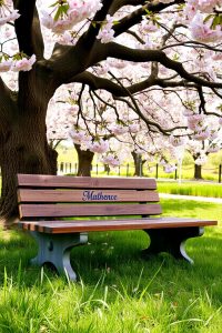 A wooden bench under a blooming cherry tree, with an engraved nameplate and soft grass around it.
