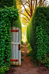 Image Prompt:
A hidden wooden garden gate half-covered with ivy, placed in a tall hedge, with a dirt path leading up.