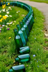 Image Prompt: A row of upside-down green and blue bottles forming a garden edge beside a walkway with grass and flowers.