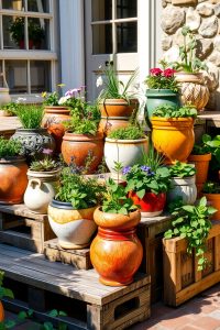 Image prompt: A mix of colorful pots arranged on a patio, filled with herbs, flowers, and leafy greens, placed on wooden steps and boxes.