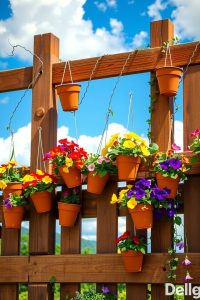 Image Prompt: A colorful recycled pallet fence with small flower pots hanging on it.