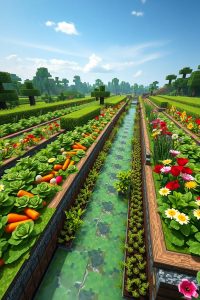 Image Prompt: A detailed Minecraft herb and crop garden with organized rows of vegetables, flower borders, and water channels.