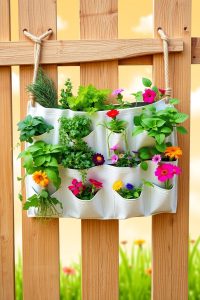 Image Prompt: A colorful fabric shoe organizer hanging on a wooden fence, with green herbs and flowers growing from each pocket.