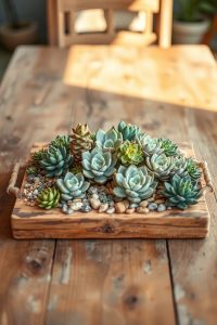 Image Prompt: A rustic wooden tray filled with an arrangement of succulents and small decorative stones, placed in the center of a dining table.