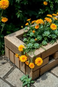 Image Prompt:
Cinder block raised bed with bright yellow marigolds growing inside and small succulents planted in the block holes.
