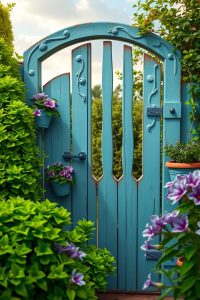 Image Prompt: A teal-painted wooden garden gate with matching flower pots, surrounded by green shrubs and purple flowers.