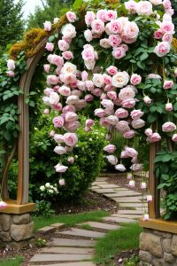 Image prompt: Climbing roses in bloom over a garden arch, with petals hanging down near a path.
