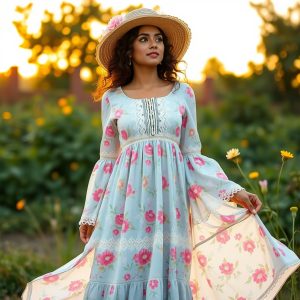 Floral Maxi Dress with Wide-Brim Hat