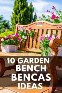 Image Prompt: A vintage-style black wrought iron bench placed near blooming rose bushes in a cottage-style garden. Title text in uppercase: "10 GARDEN BENCH IDEAS"