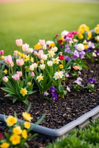 Image Prompt:
Concrete scalloped edging blocks lining a flower bed filled with bright annuals. The blocks form a strong, curved border on a sunny lawn.