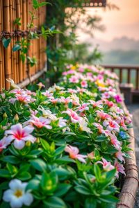 Image Prompt:
A short wattle fence edging a flower garden full of roses and daisies. The fence is made of light brown twigs woven in a simple pattern.