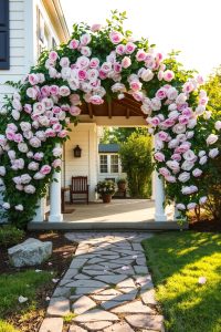 Image Prompt:
A front yard with a neat green lawn, flower beds on both sides, and a stone path leading to a bench under a small tree.